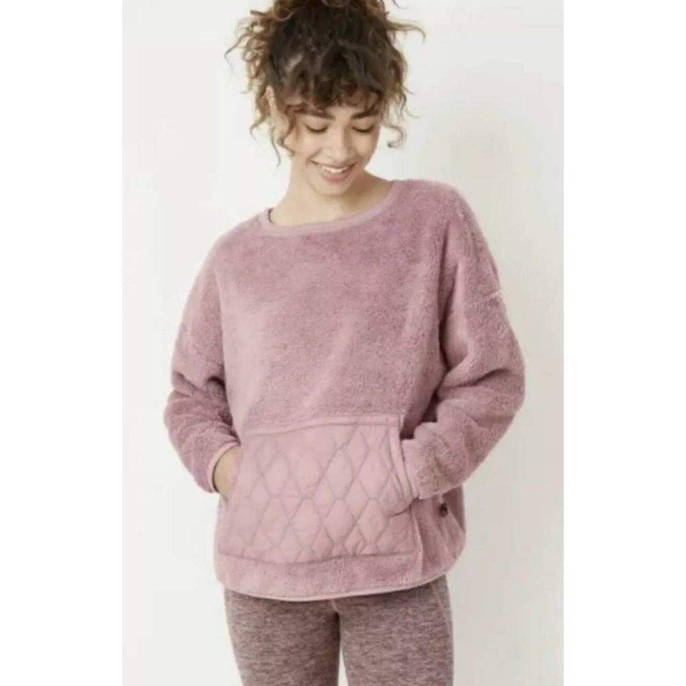 JoyLab Sweats High Pile Sherpa Quilted Pocket Blush Pink Women's Teddy Pullover